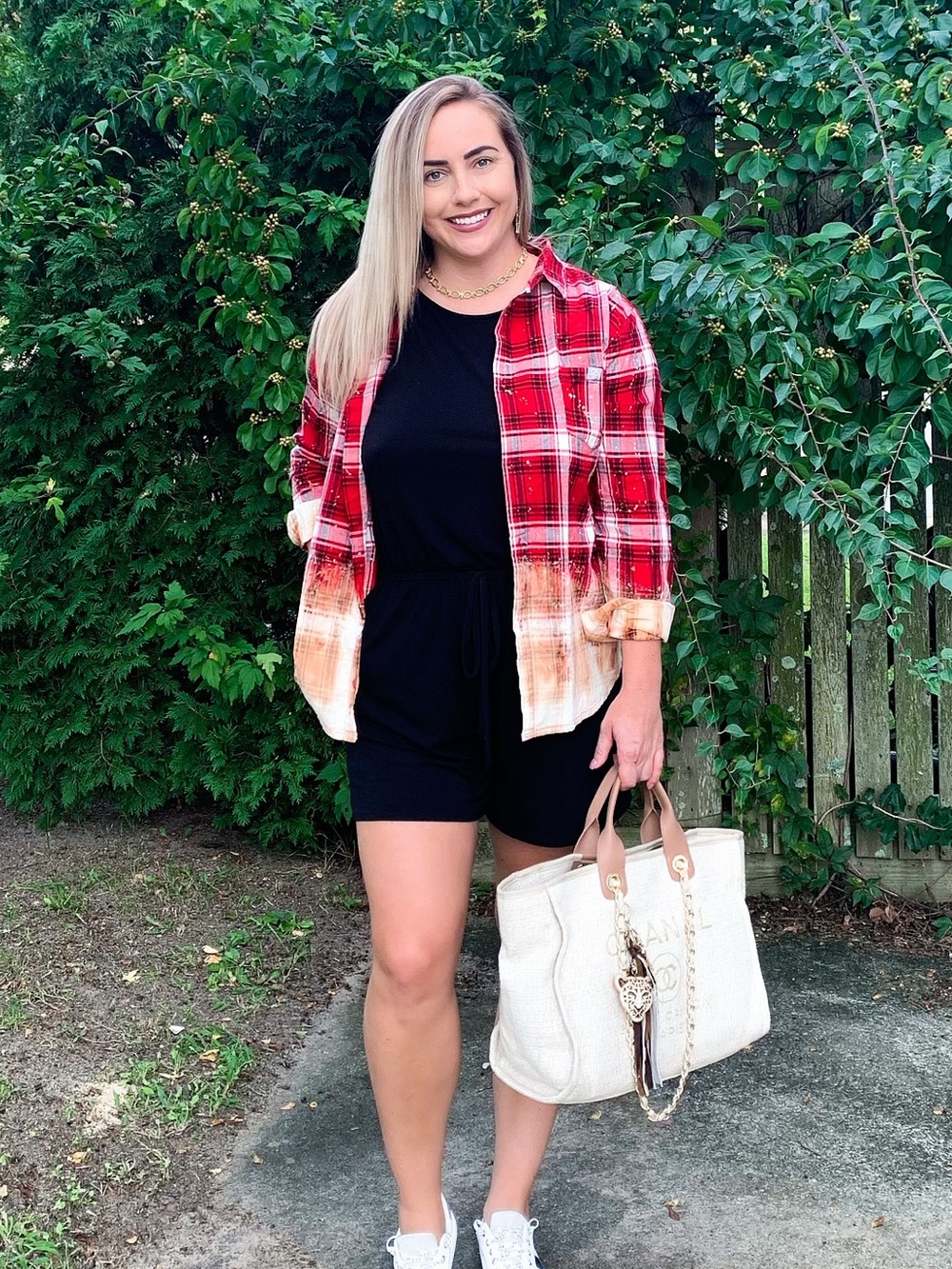Red Plaid Button-Down Shirt with Ombre Hem - Women